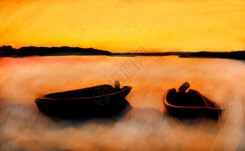 红色日落颜色的船只的原始油画图片