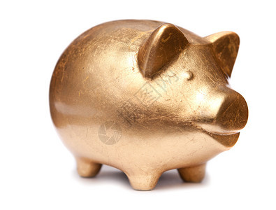 白色背景中的金色快乐猪钱箱图片