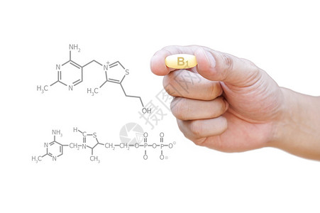 手拿着维生素B1丸与剪报图片