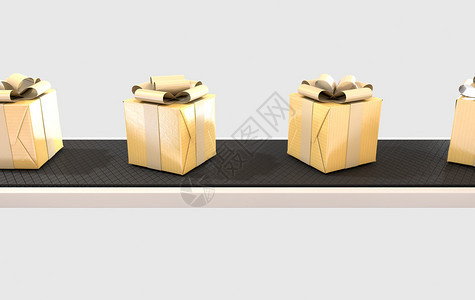 一排包裹的礼品盒装在金纸和制造传送图片