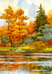 水彩风景秋天的湖边森林图片
