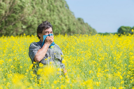 田间男子擤鼻涕患花粉症图片