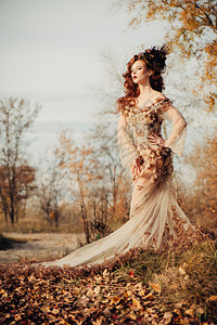 美丽的优雅佳丽女人站在秋天公园里穿着雪佛龙礼服带图片
