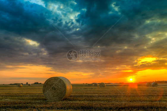 在农田的日落与干草捆图片