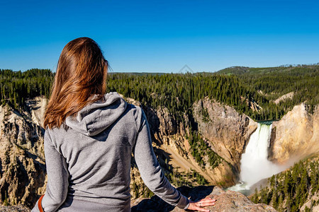 美国怀俄明州黄石公园大峡谷女游客俯瞰下瀑布图片