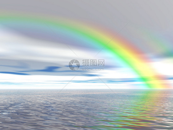 彩虹在海洋和蓝天上3D渲染场景图片