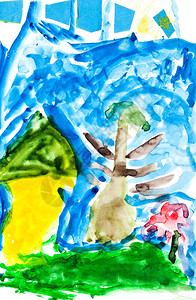 儿童绘画在蓝天下有果图片