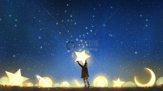 显示小男孩站在发光的行星之间图片
