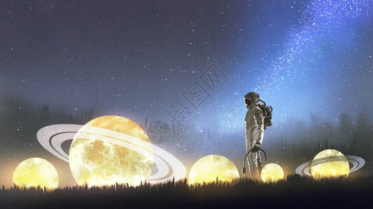 宇航员在观察草地上的星数字艺术图片