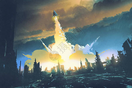 火箭发射从废弃城市起飞scifi概背景图片