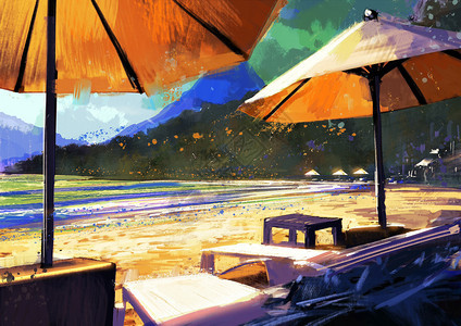 沙滩上太阳雨伞和休图片