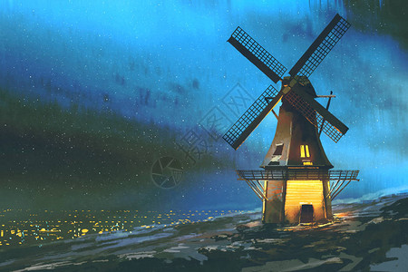 冬季山上风车的夜景数字码艺术插图画图片