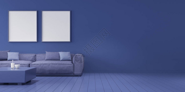深蓝色房间的蓝色沙发和橱柜模型图片