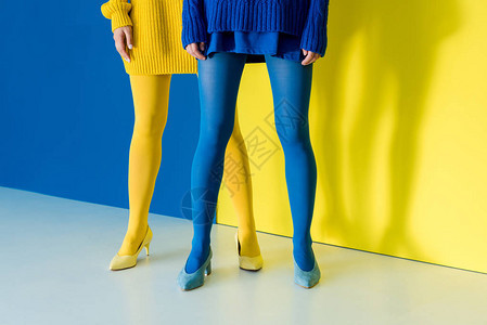 蓝色和黄色背景的穿蓝色和黄色内裤的妇图片