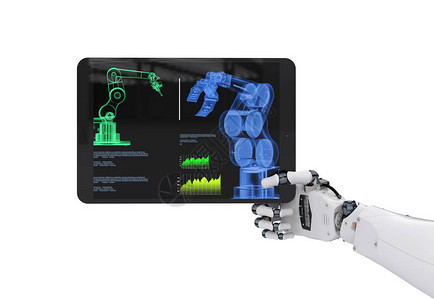 3d使机器人手与数字平板电脑一起工作图片