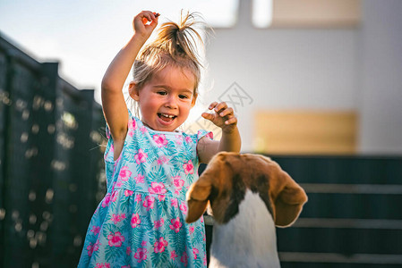 宝贝女孩在夏日与小猎犬在后院奔跑有儿童概念的家畜狗追23图片