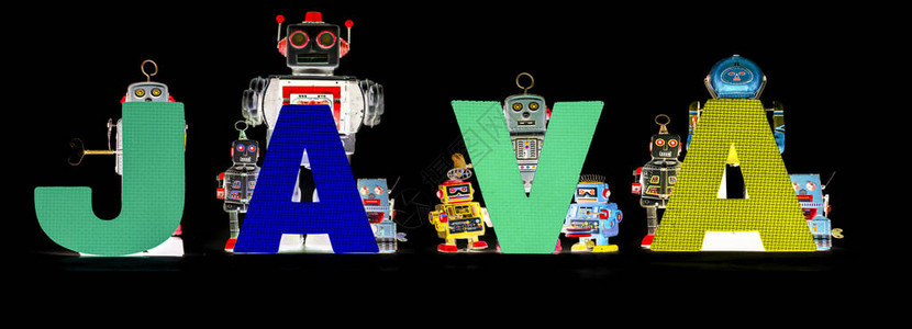 复古锡机器人玩具高举着黑色横幅上的JAVA字样背景图片