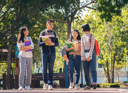 一群在户外行走的快乐青年学生群体图片