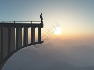站在断桥上的人男子站在路尽头的一座桥上这是一个图片