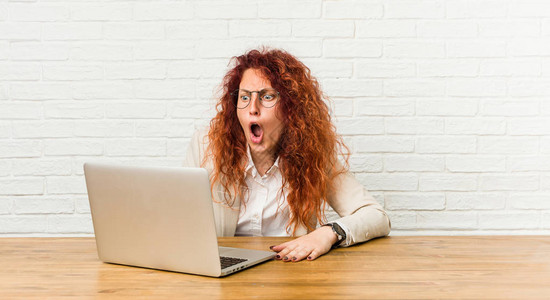与笔记本电脑一起工作的年轻红发女郎因为看到一些事情而震惊图片
