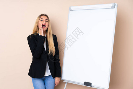 乌拉圭年轻女在白板上做演讲张大嘴喊图片