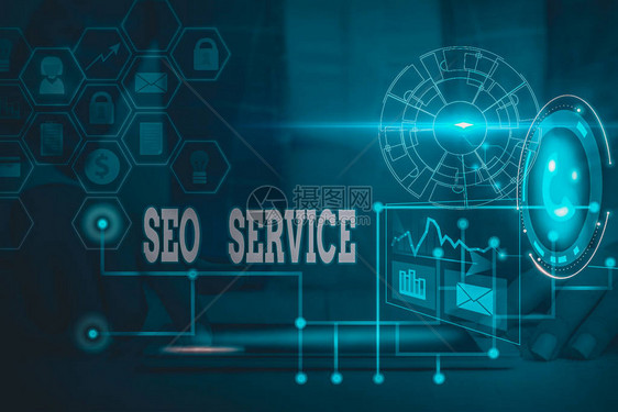 SeoService展示SeoService的书写说明提高网站可见度的技术和程序的商业概念利用现代智能设备制作图片