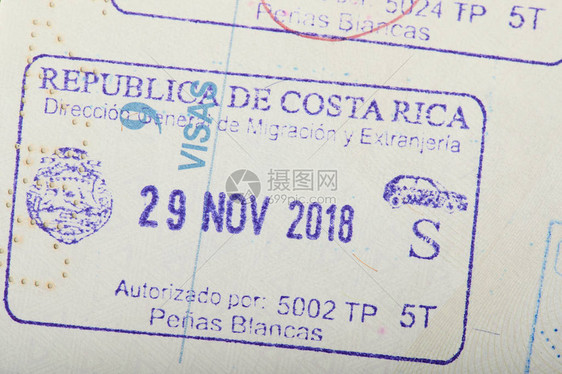 哥斯达黎加在护照页面上贴的抵达哥图片