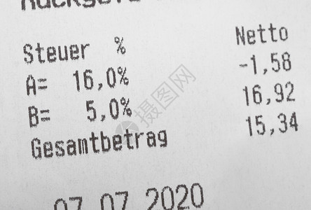 收据显示在德国降低了增值税率增值税在德语中称为MwST或Mehrwertsteuer英文翻译图片