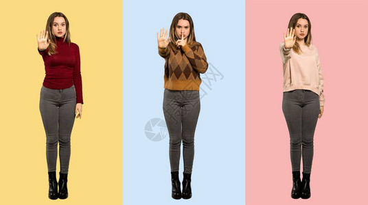 一系列妇女做出停止手势的姿态否认一种认图片