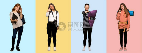 一套旅行妇女摄影师学生和穿着睡衣的女旅客用自信图片