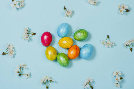 复活节鸡蛋和春花放在蓝色背景上庆祝复活节的概念平坦的躺下图片
