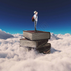 年轻人站在云端的书塔上图片