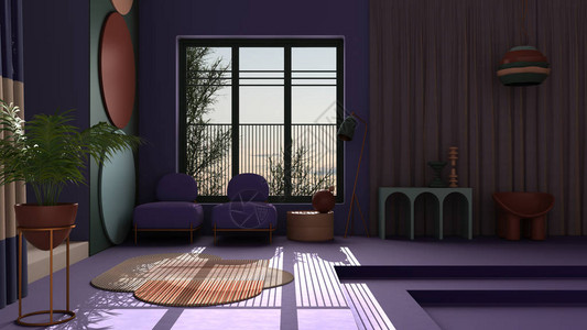 古典空间中平面客厅的柔和色彩和形而上学抽象物混凝土楼梯和紫色墙壁扶手椅盆栽植物地毯和灯图片