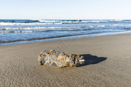 在被海洋带回海岸的孤单海滩沙上紧闭着一个用过的塑料瓶上面图片