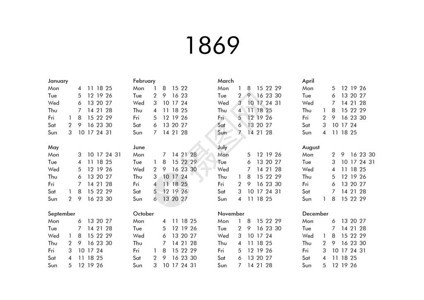 1869年所有月份的老式日历背景图片