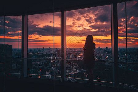 旅行者女后视观东京天际和摩天大楼在日本落时分观察图片