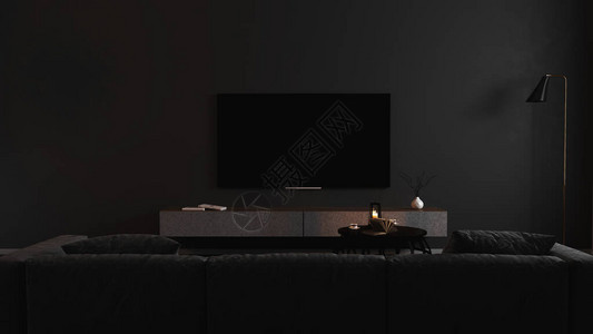 现代黑暗室内的空白电视屏幕与黑暗中的灰色沙发模拟图片
