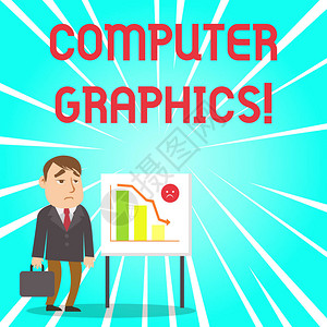 手写文本计算机图形学显示在监视器上的数据的概念照片视觉表示商人文员与公文包站立白背景图片