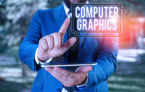 显示计算机图形学的文本符号商务照片文本在显示器上显示数据的视觉表示身穿蓝色套装打着领带的商人手里拿背景图片