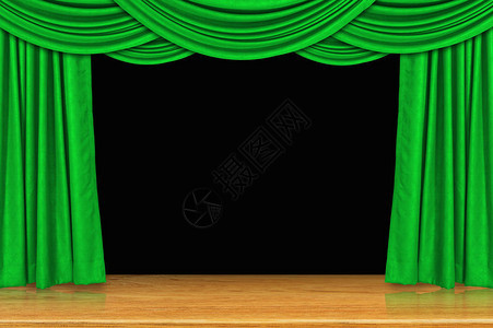绿色窗帘和木制舞台地板图片