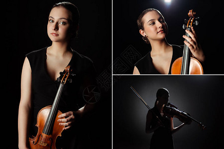 与在黑暗舞台上拉小提琴的女音乐家的拼贴画图片