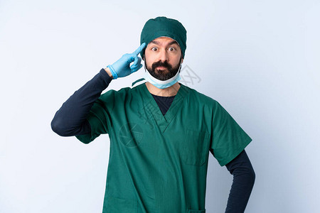 身穿绿色制服的外科医生超越孤立的背图片