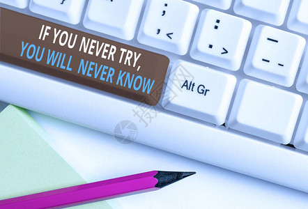 写笔记显示如果你从不尝试你永远不会知道制造新事物的灵感的商业概念白色pc键盘图片