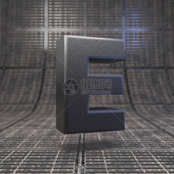 黑色字母E大写DLSR相机身塑料质感字母在金属地板上3D渲图片