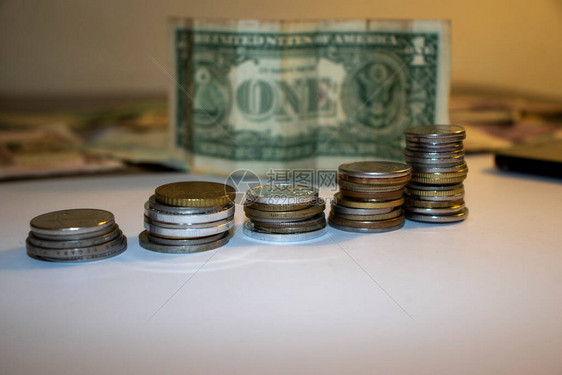 各种货币钞票和硬币的近镜头用于财务商业会计财富管理等项目图片