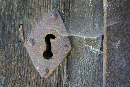 老式锁和蜘蛛网的特写背景图片