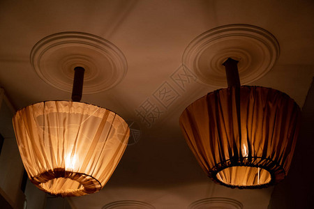 两盏带有复古风格灯罩的吸顶灯图片