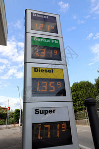 在加油站标志上展示的各类汽车燃料价格图片