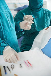 外科医生在手术室的桌子上使用医疗工具对病人进行手术时身穿制服和防图片
