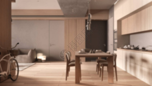 模糊背景室内设计带餐厅的简约厨房带两人用椅子的餐桌镶木地板图片